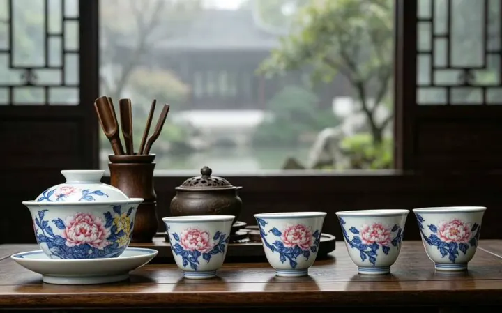 全手绘高档青花斗珐琅彩牡丹套系