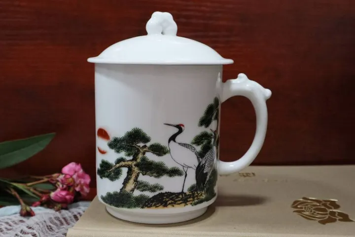 景德镇高温瓷釉上彩松鹤延年办公杯水杯