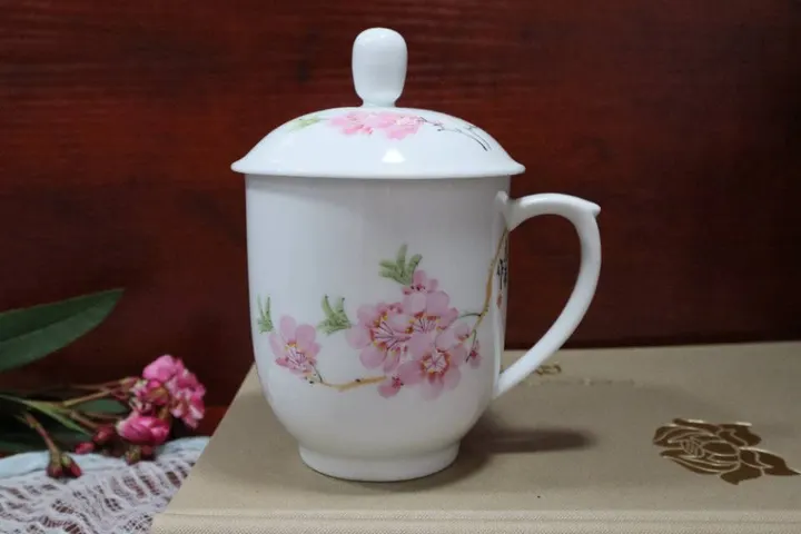 景德镇高温瓷釉上彩水点桃花画面办公杯