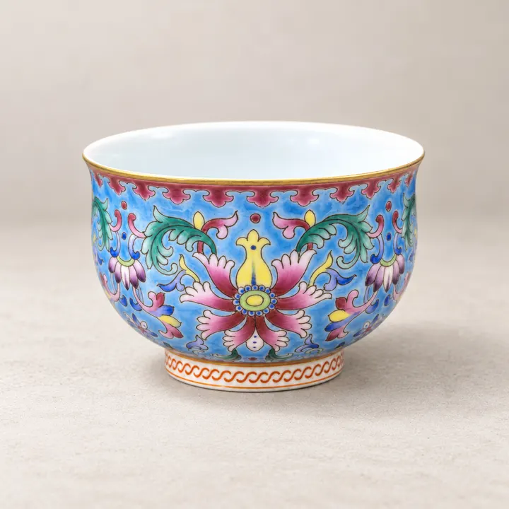 Floral Scroll · Blue-ground Enamel-colour Tea Cup