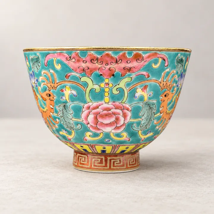 Phoenix & Peony · Turquoise-ground Famille-rose Tea Cup