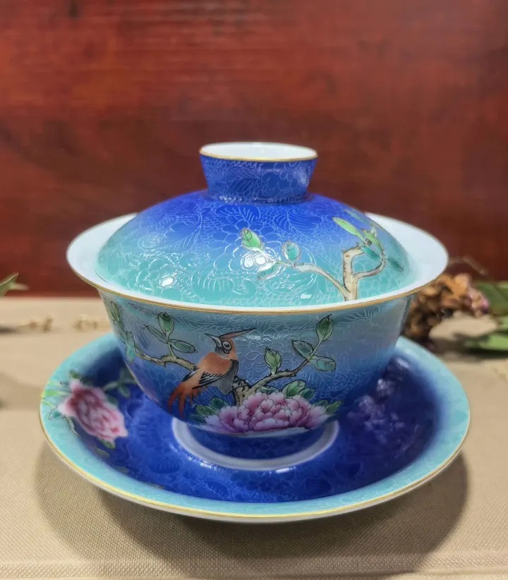 渐变扒花锦鸡牡丹三才盖碗