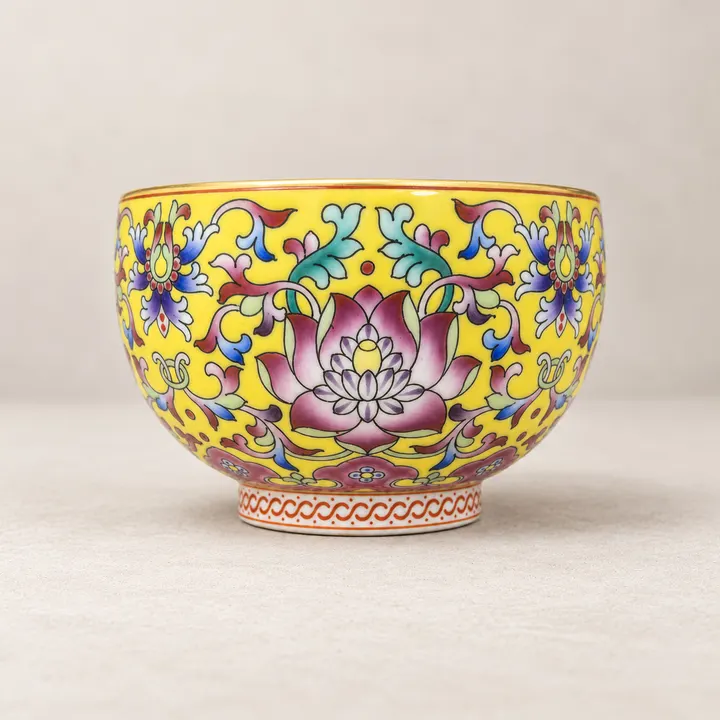 Lotus Scroll · Yellow-ground Famille-rose Tea Cup
