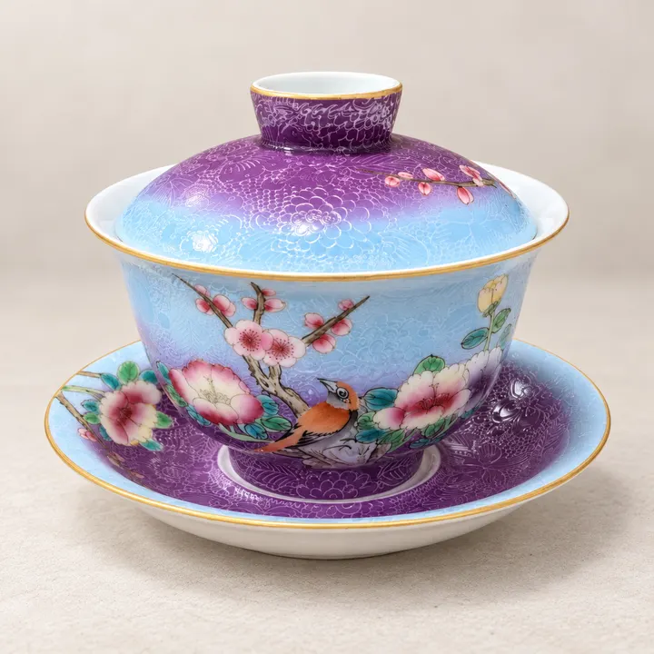 Birds & Flowers · Blue-violet Sgraffito Gaiwan