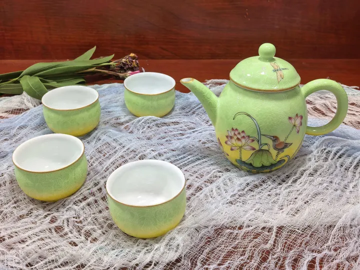 渐变扒花荷塘翠鸟一壶四杯茶具套组