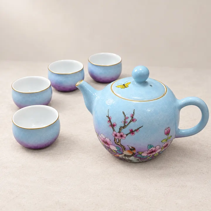 Bird & Plum Blossom · Blue-violet Sgraffito Tea Set