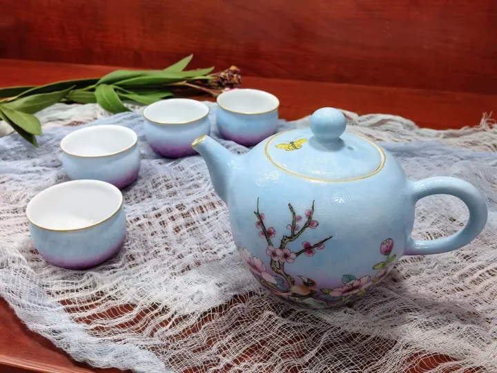 蓝紫渐变扒花喜上眉梢一壶四杯茶具套组