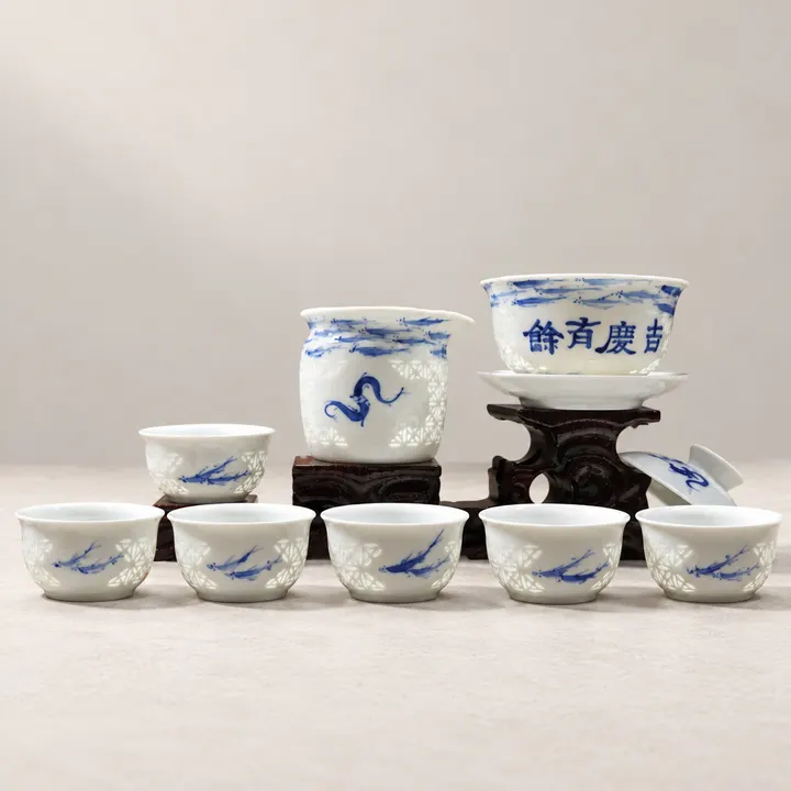 Auspicious Fish · Blue-and-white Rice-grain Tea Set