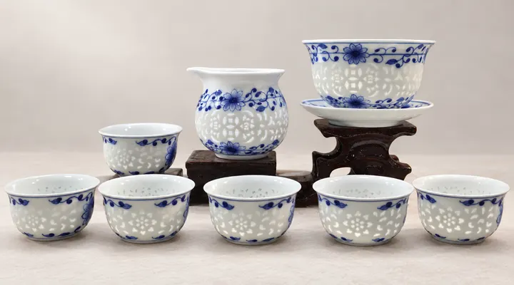 Lotus Scroll · Blue-and-white Rice-grain Tea Set