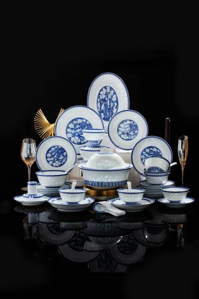 景德镇高温瓷釉中一路连升画面58头餐具釉中彩1380度烧制