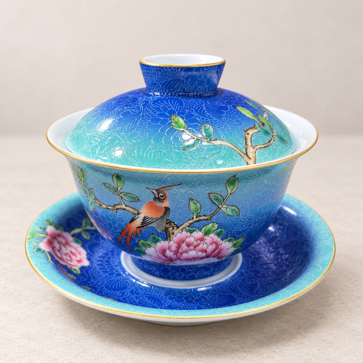 Pheasant & Peony · Sgraffito Gaiwan
